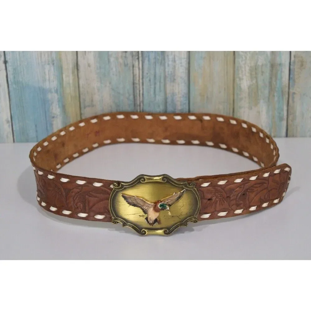 Vintage Raintree Mallard Duck Belt Buckle 1980 With Brown Leather Belt (34)